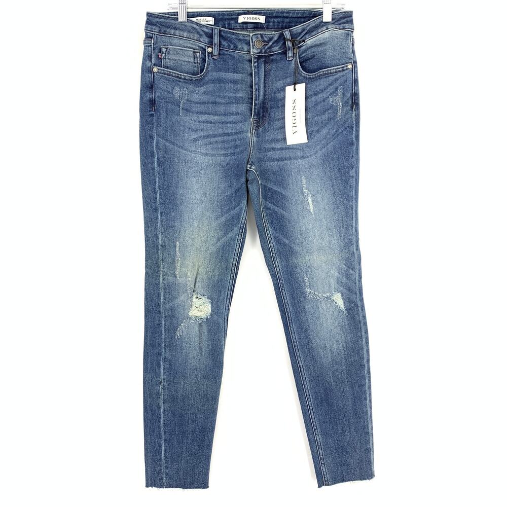 Vigoss Marley Mid Rise Skinny Jeans Womens Sz 31 Distressed Cut Hems NEW
